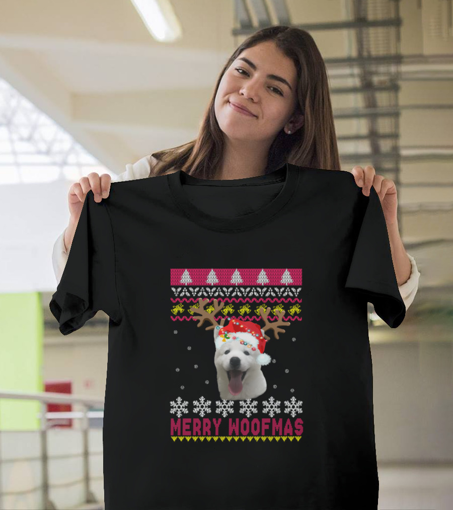 Merry Woofmas American Eskimo Dog Christmas Sweater Reindeer Hat Snowflakes T-Shirt
