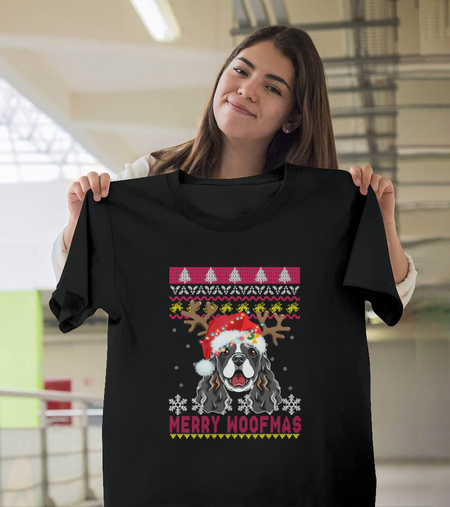 Merry Woofmas Christmas Reindeer Antlers Santa Hat Water Spaniel T-Shirt