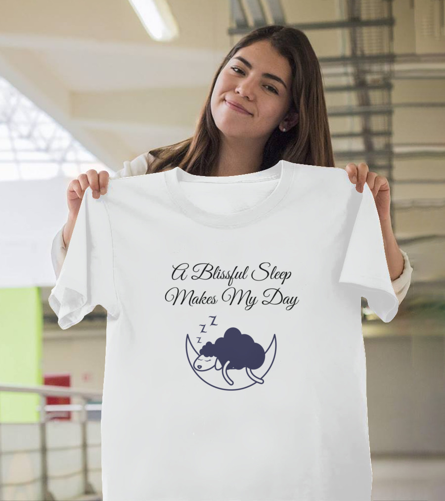 A Blissful Sleep Makes My Day Sleeping Sheep on Crescent Moon T-Shirt