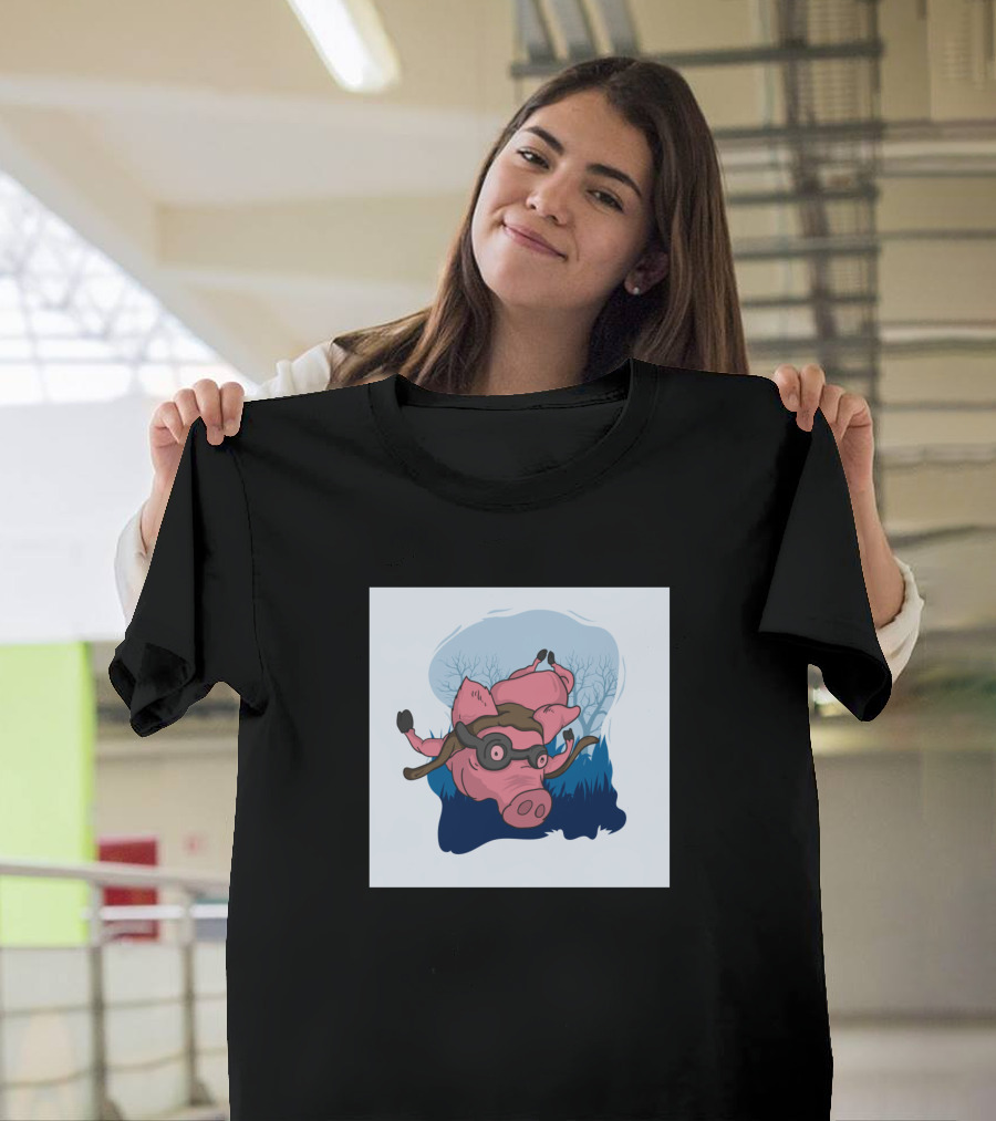 Cute Flying Piggy with Aviator Goggles in Dreamy Sky Scene T-Shirt