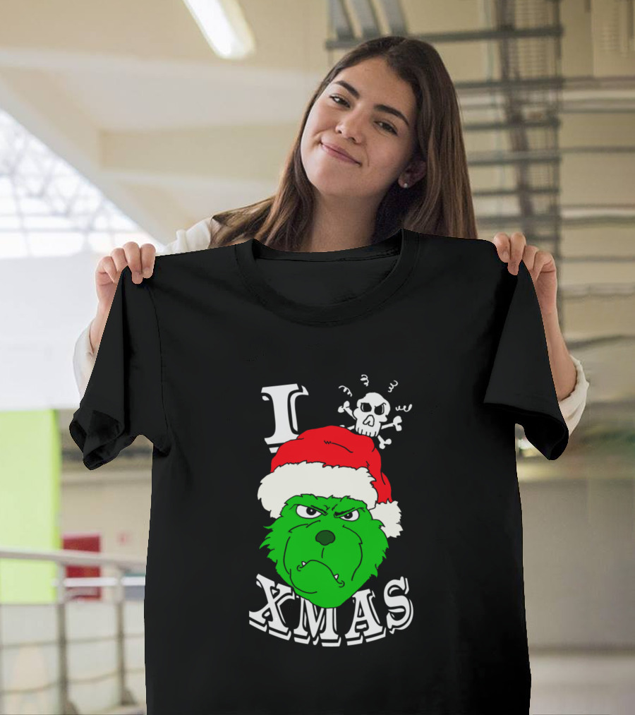 I Hate Xmas Grinch with Santa Hat and Skull T-Shirt