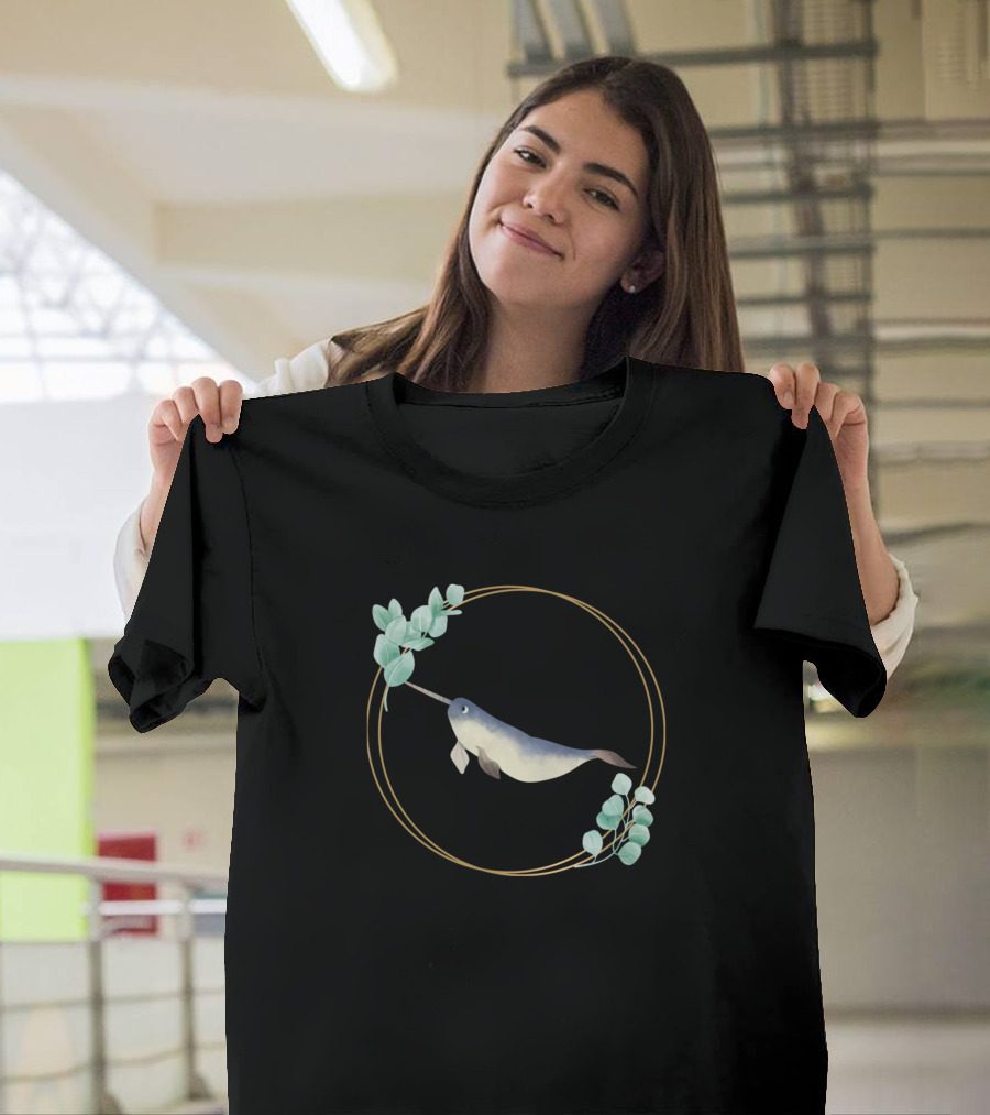 Narwhal Like A Unicorn with Golden Circle and Green Leaves T-Shirt
