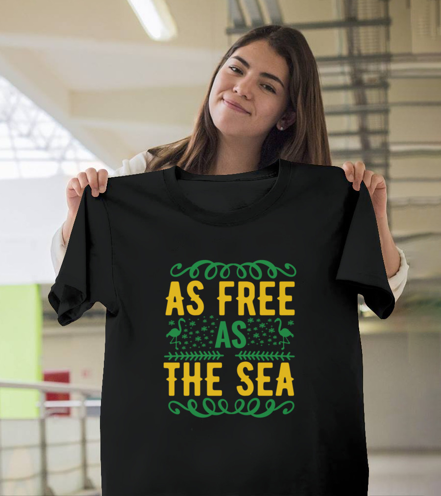 As Free As The Sea Flamingos and Waves Green and Yellow T-Shirt