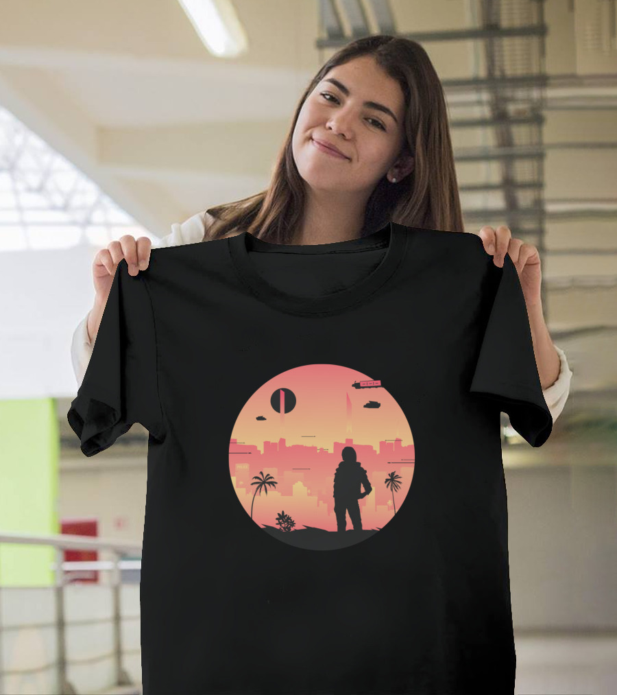 Entering Night City Pacifica Sunset Silhouette Female Urban Landscape T-Shirt