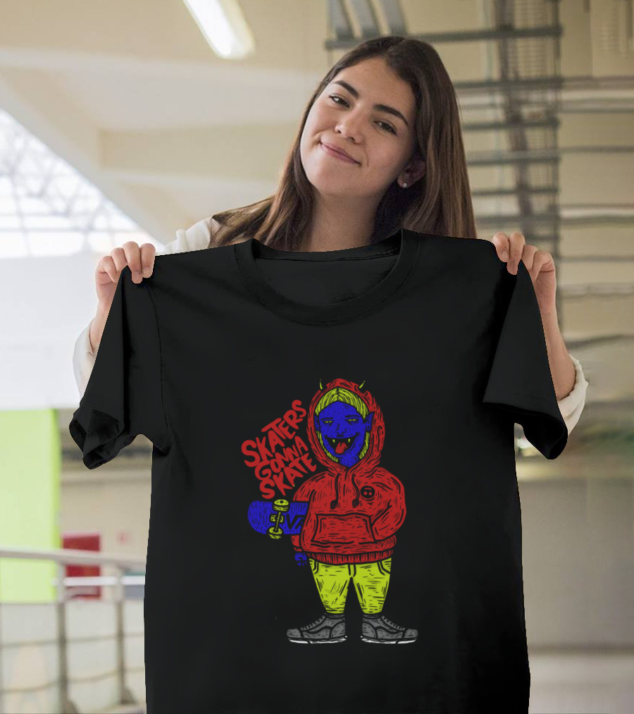 Skaters Gonna Skate Blue Demon Hoodie and Skateboard Character T-Shirt