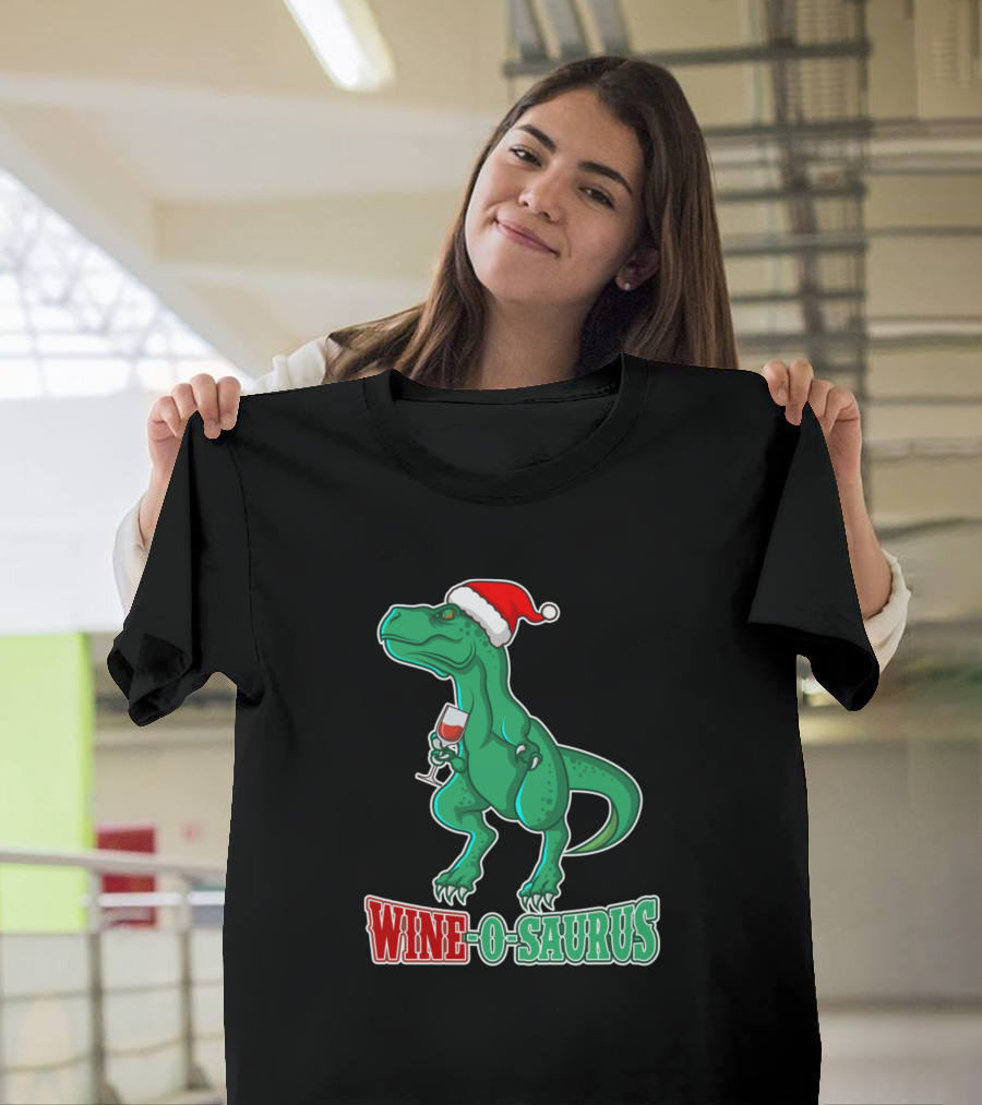Wine-O-Saurus Ugly Christmas T-Rex Wine Drinker Santa Hat T-Shirt