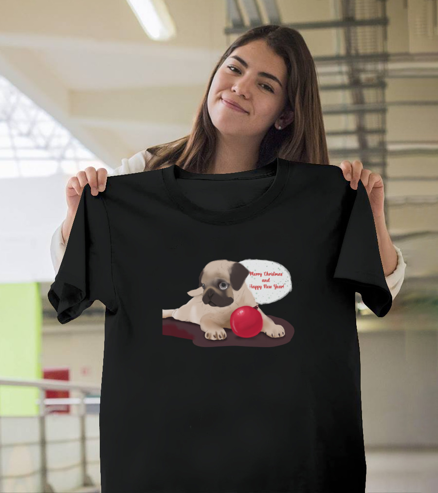 Merry Christmas and Happy New Year Pug with Red Ball T-Shirt