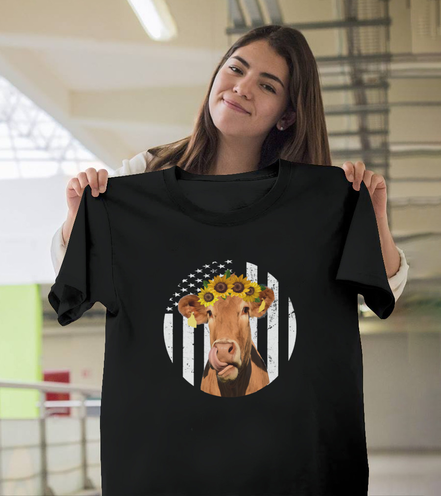Cow Black American Flag Sunflower Flower T-Shirt