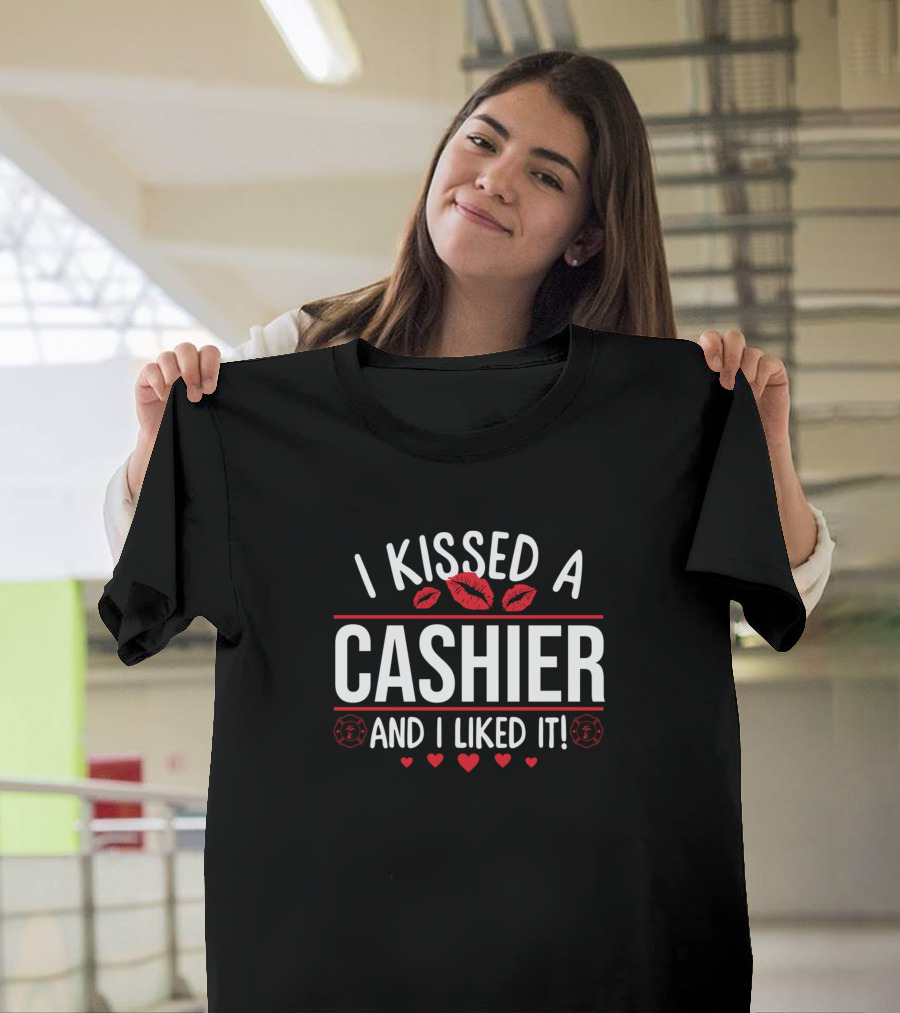 I Kissed A Cashier And I Liked It Funny Valentines Red Lips Hearts T-Shirt