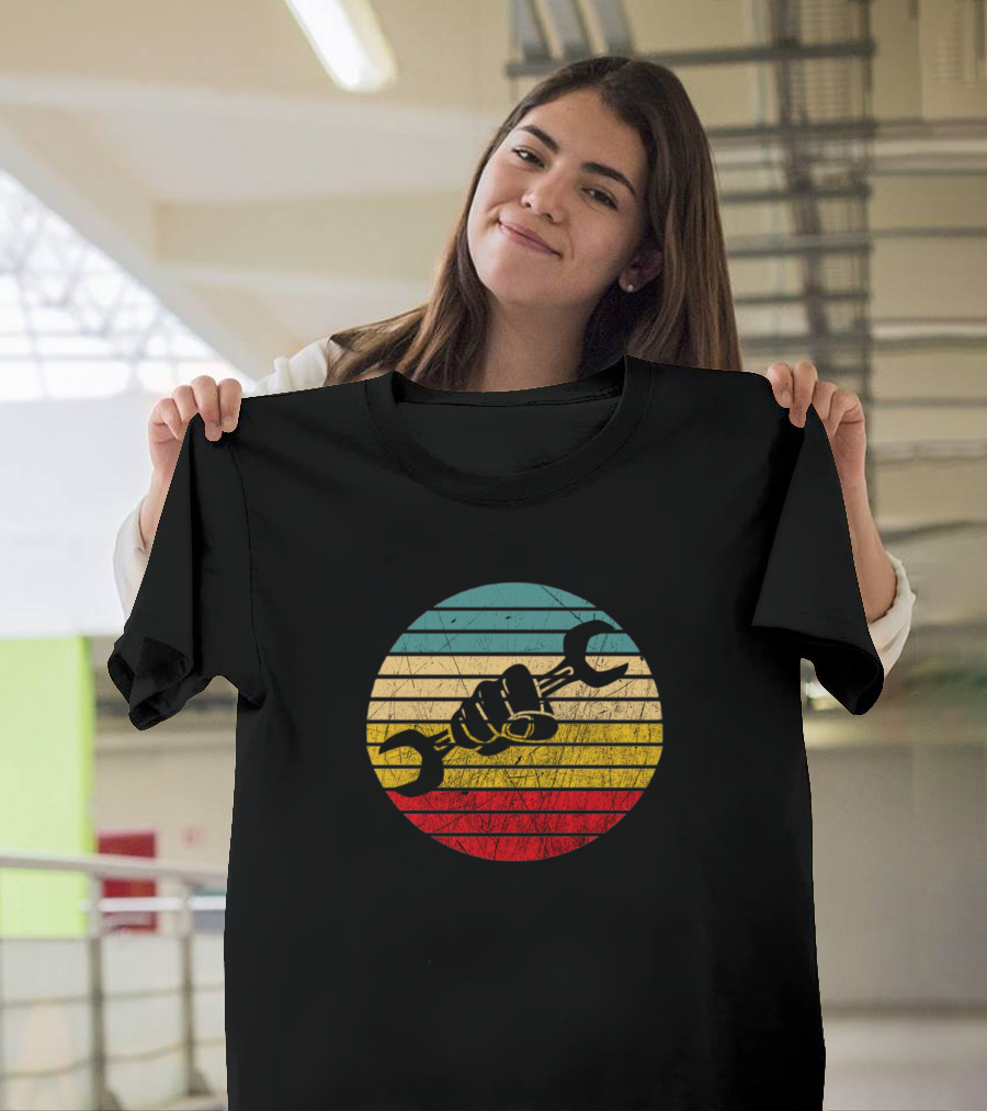 Vintage Mechanics Circle Fist Holding Wrench Retro Stripes T-Shirt