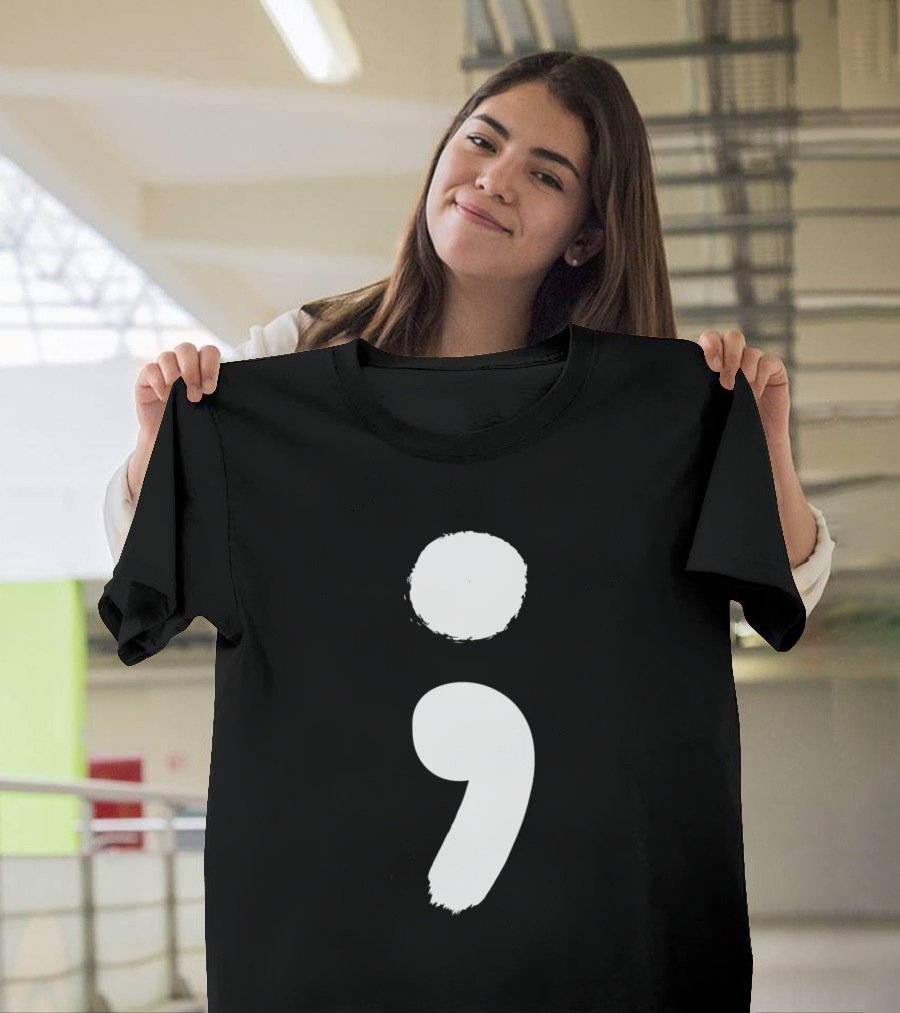 White Brush Semicolon Imagery for Mental Health Awareness T-Shirt