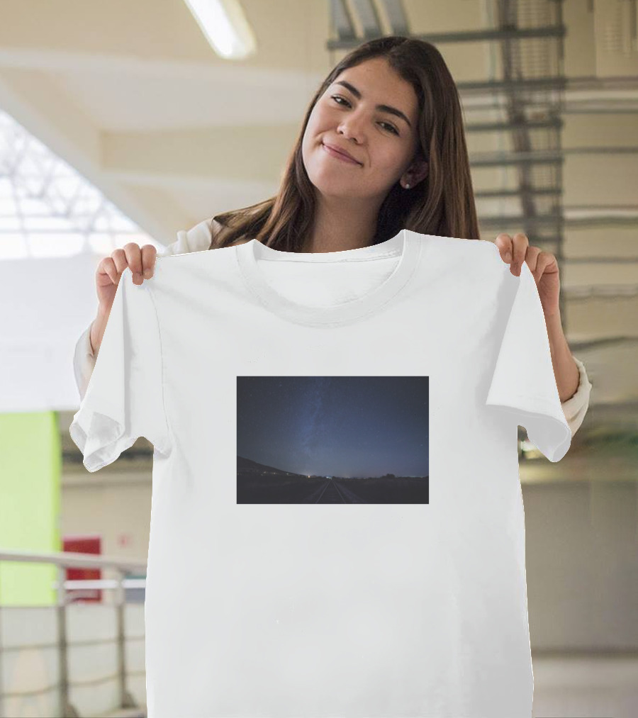 Night Sky Stars with Galaxy Lights on Railroad Horizon T-Shirt