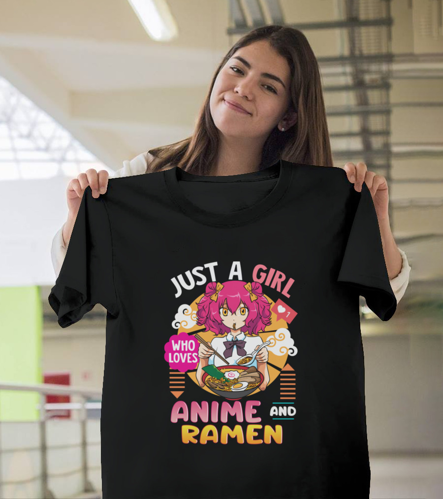 Just A Girl Who Loves Anime and Ramen with Pink-Haired Character and Heart T-Shirt