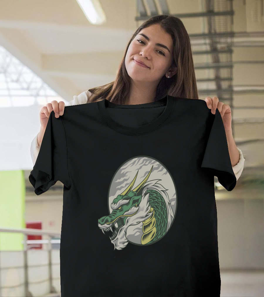 Legendary Green Dragon Face with Golden Horns T-Shirt