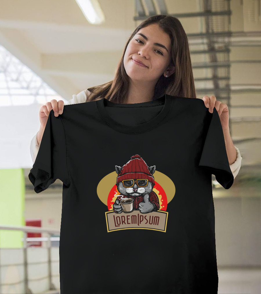 Lorem Ipsum Cat Coffee Red Beanie Glasses T-Shirt