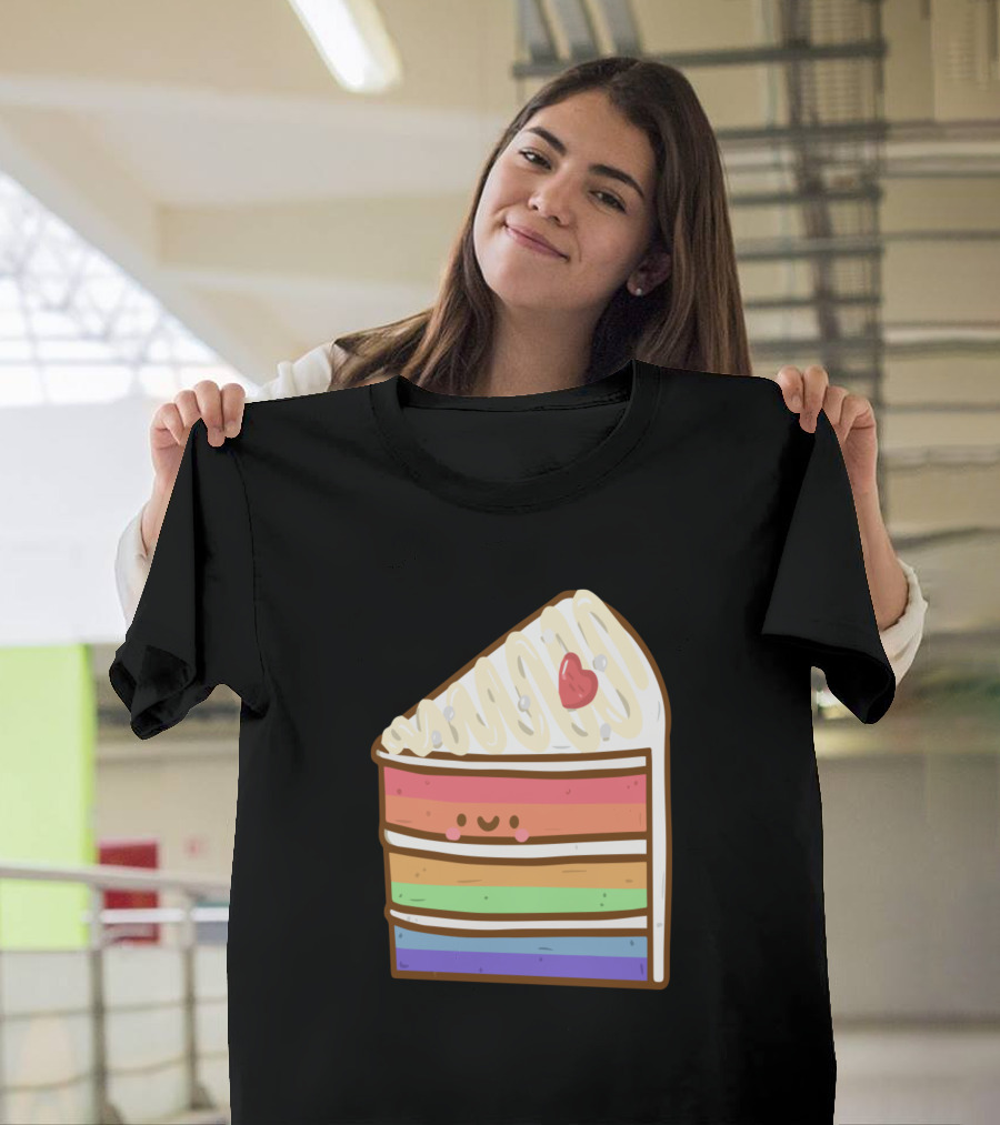 Rainbow Cake Doodle Cute Kawaii Slice with Face and Heart on Icing T-Shirt