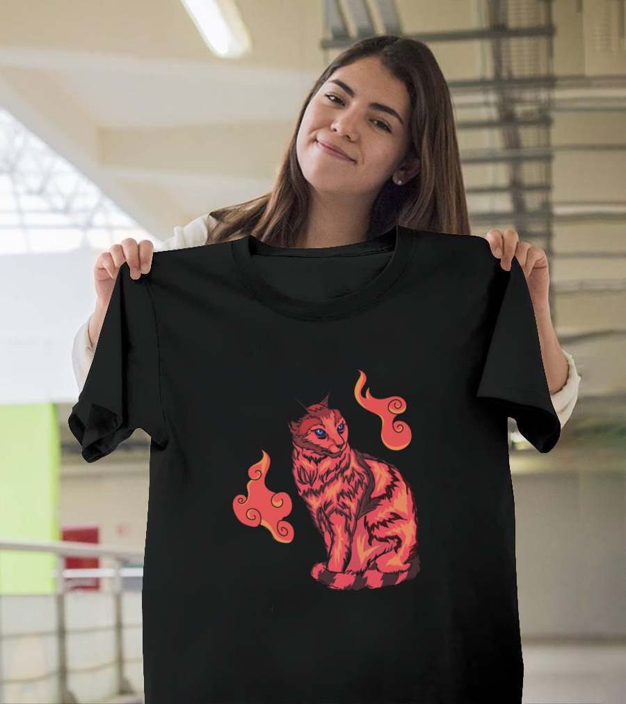 The Flaming Cat with Fiery Swirls and Blue Eyes T-Shirt