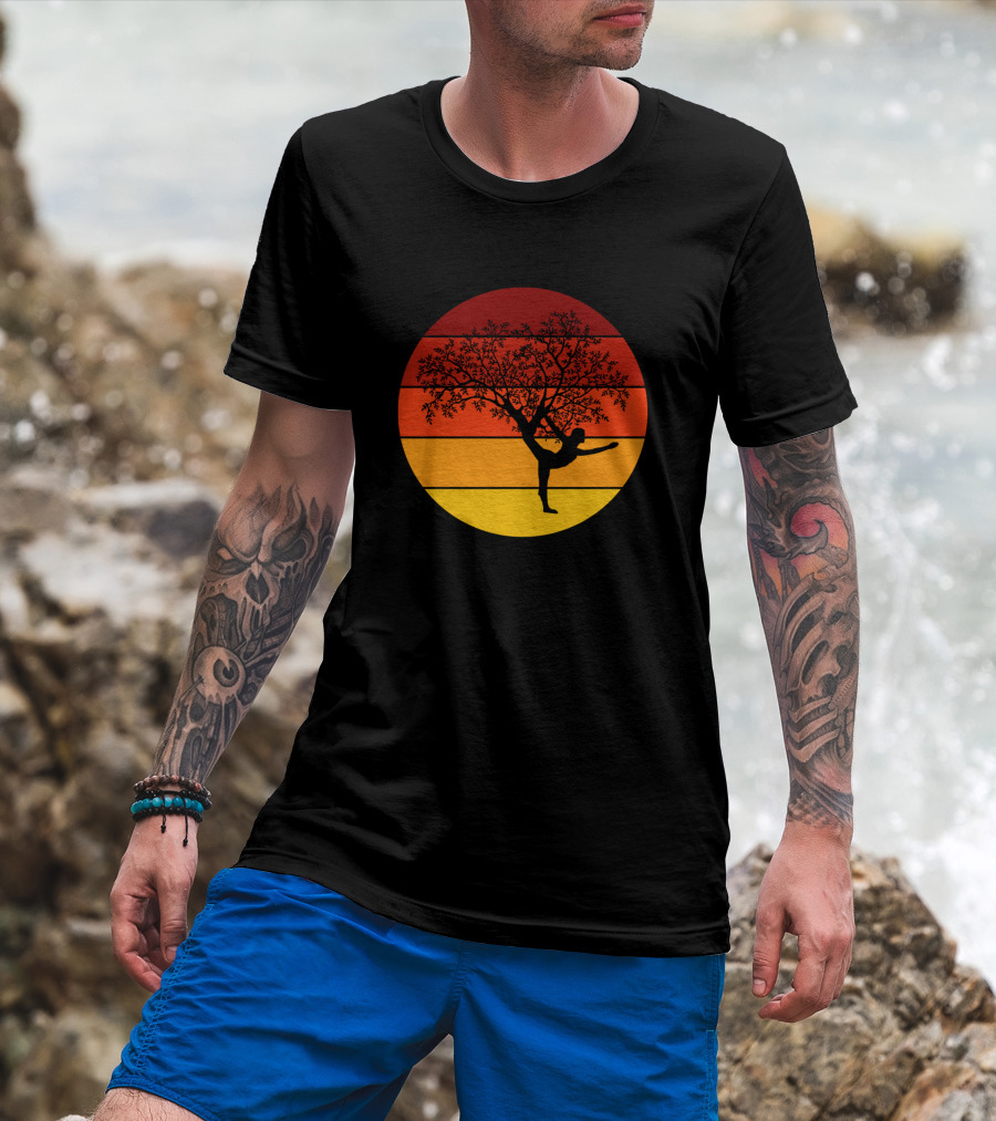 Yoga Tree Sunset Silhouette With Branches And Stripes T-Shirt