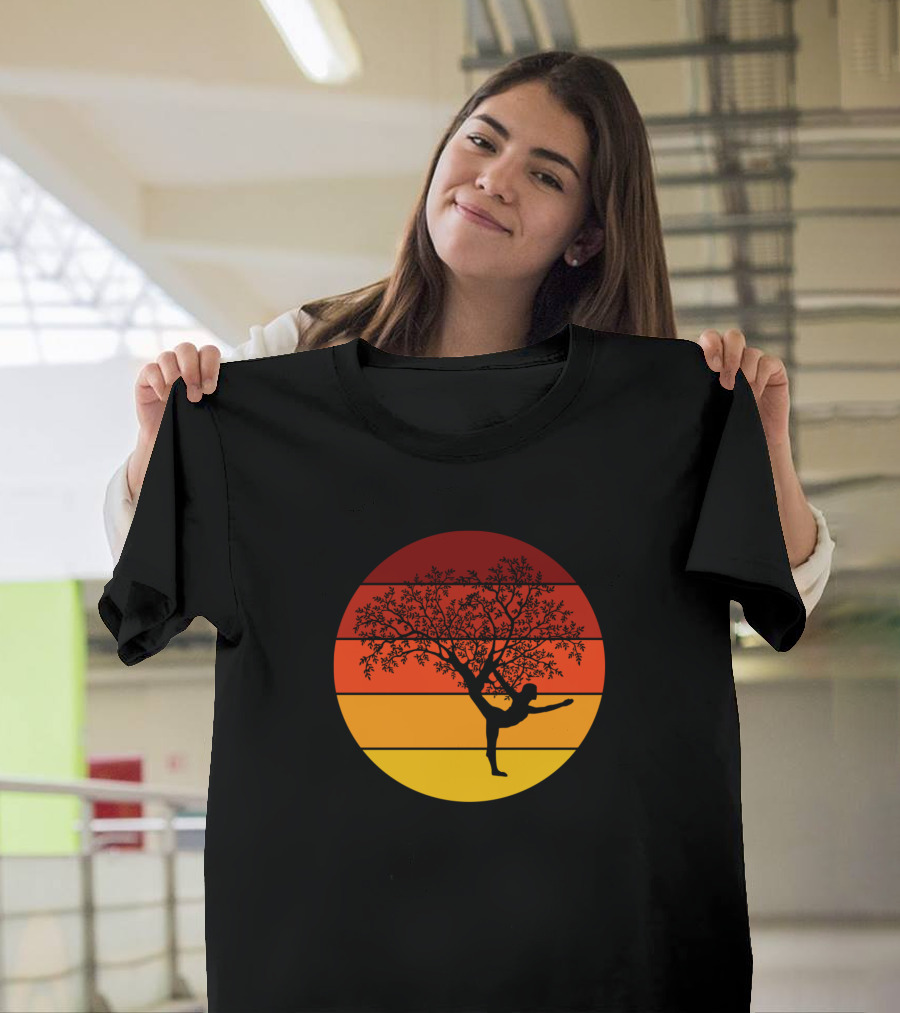 Yoga Tree Sunset Silhouette With Branches And Stripes T-Shirt