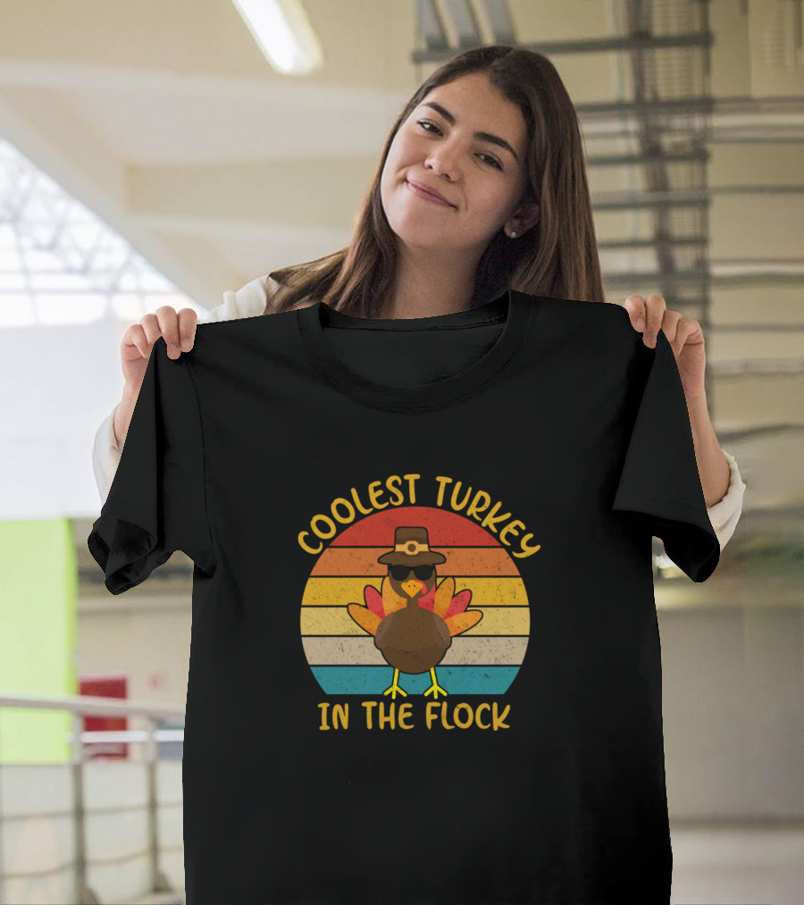 Coolest Turkey In The Flock Retro Style Thanksgiving Turkey Wearing Sunglasses and Pilgrim Hat T-Shirt