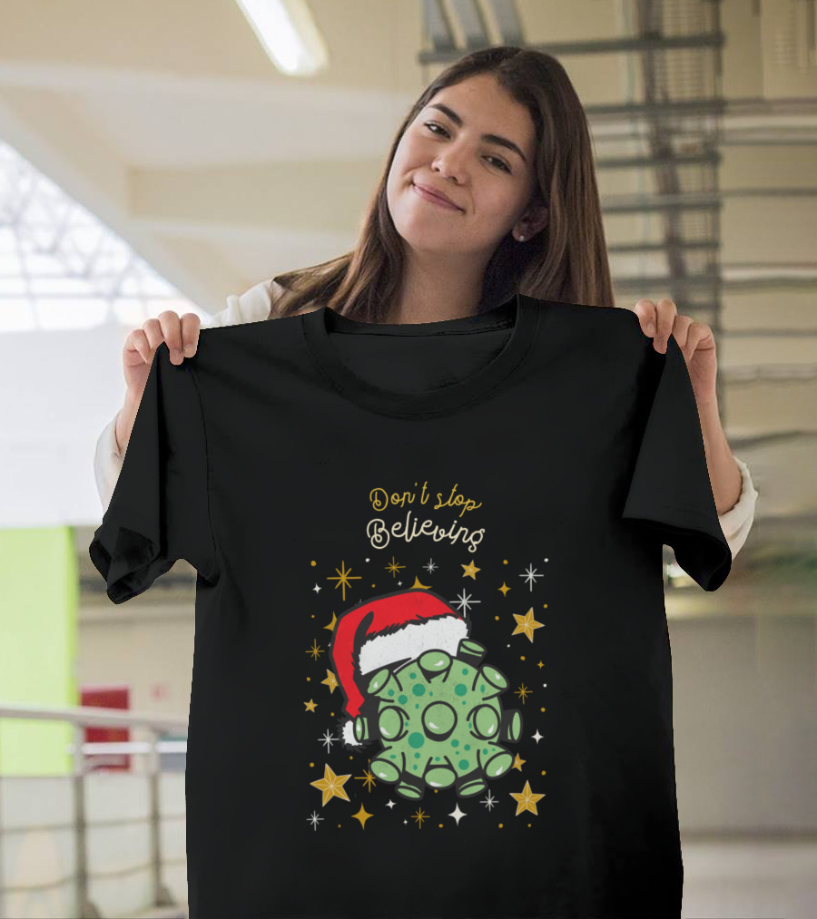 Don't Stop Believing Christmas Santa Hat Virus Stars T-Shirt