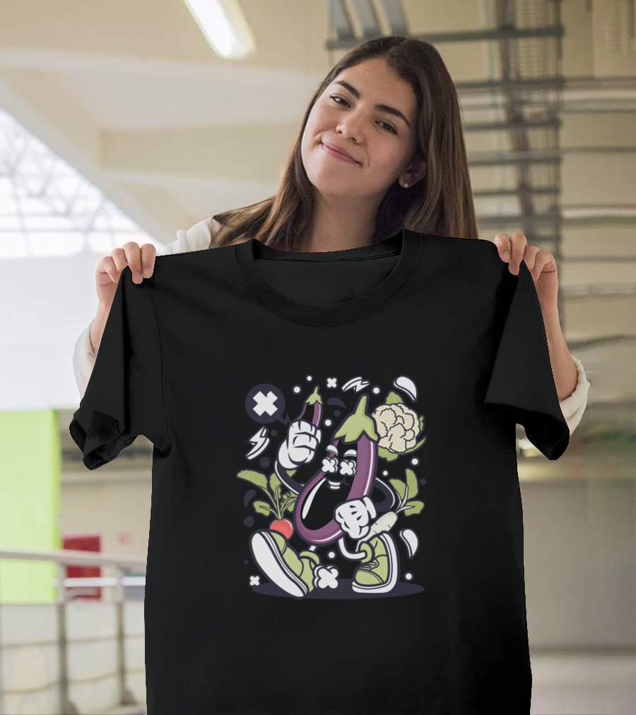 Eggplant Character with Sneakers and Vegetables in Comic Pop T-Shirt