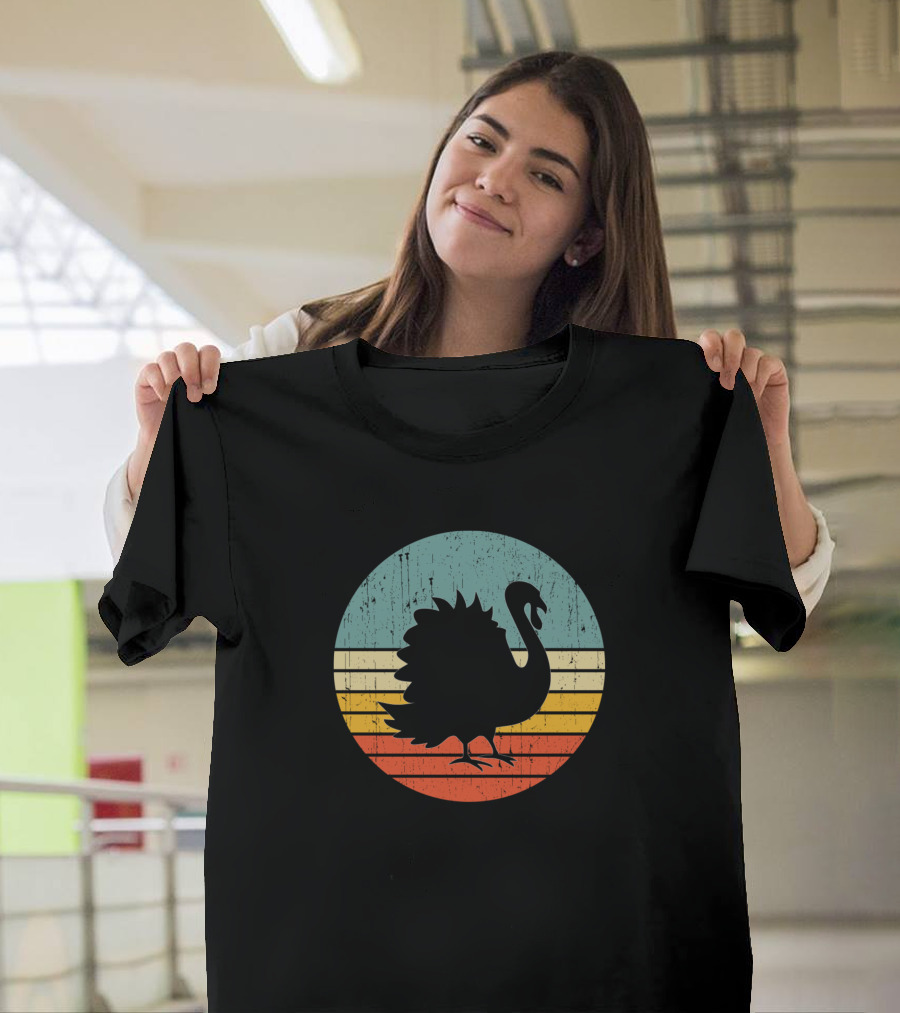 Retro Turkey Silhouette Against Colorful Sunset Stripes T-Shirt