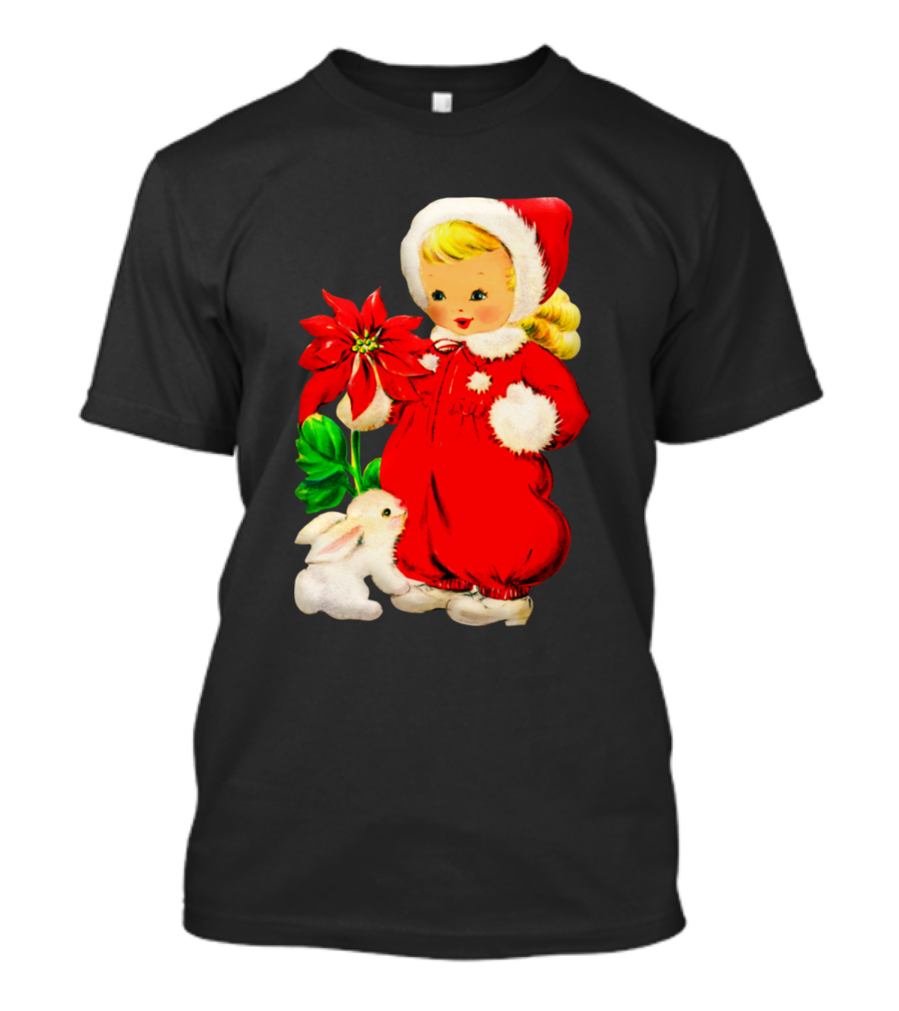 Vintage Christmas Girls Red Outfit With Poinsettia And White Bunny T-Shirt