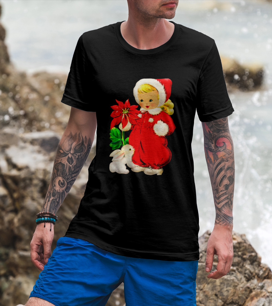 Vintage Christmas Girls Red Outfit With Poinsettia And White Bunny T-Shirt