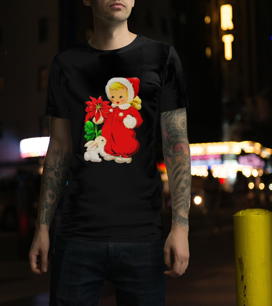Vintage Christmas Girls Red Outfit With Poinsettia And White Bunny T-Shirt