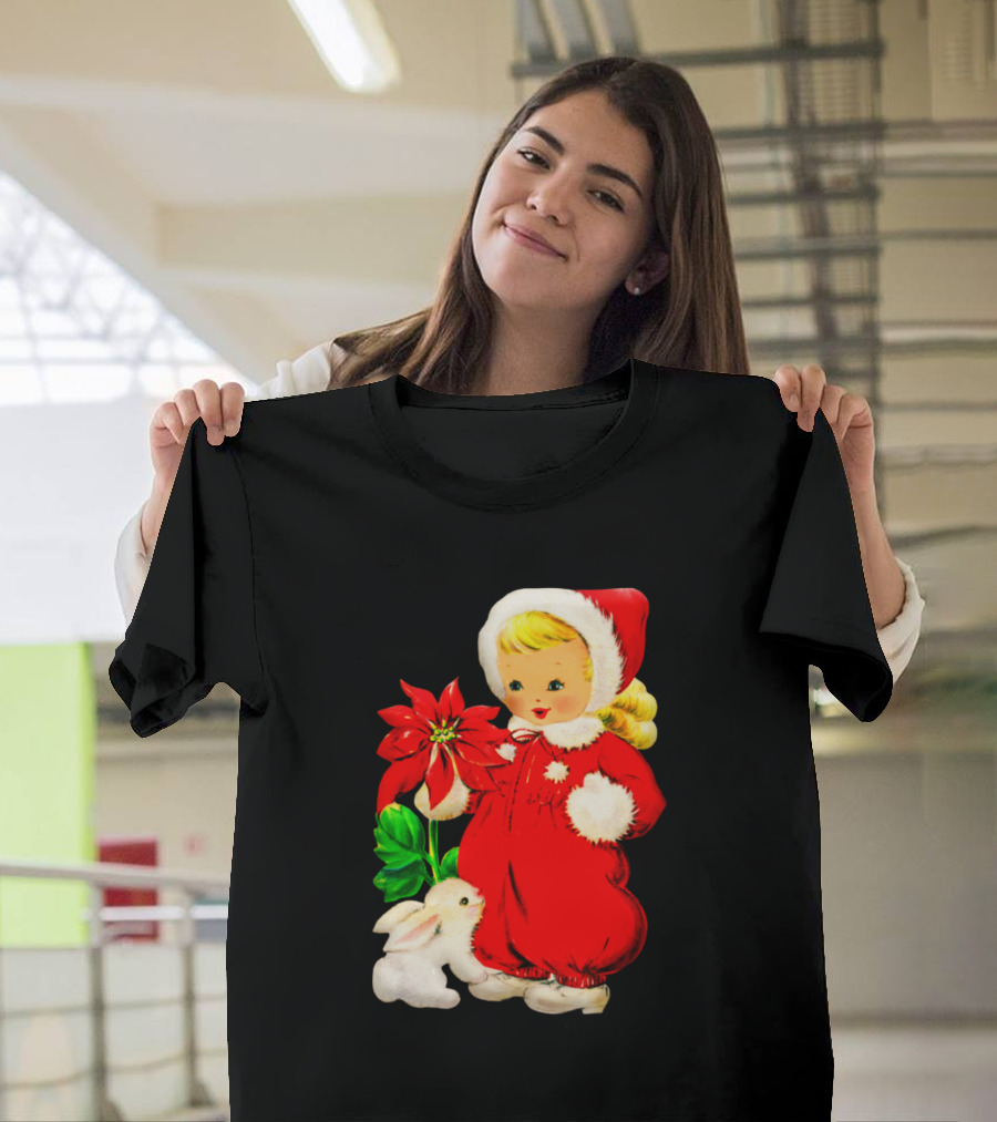 Vintage Christmas Girls Red Outfit With Poinsettia And White Bunny T-Shirt