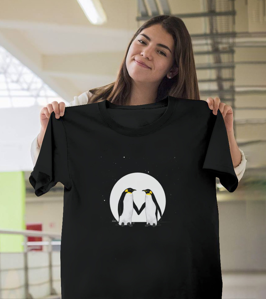 Penguin Friendship Holding Flippers Under Moonlight T-Shirt
