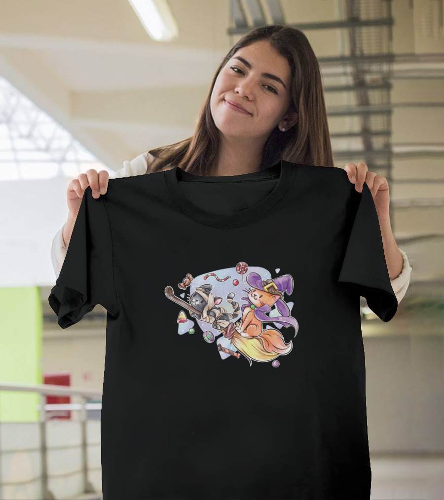 Halloween Cats on Broomstick with Witch Hat and Candy T-Shirt