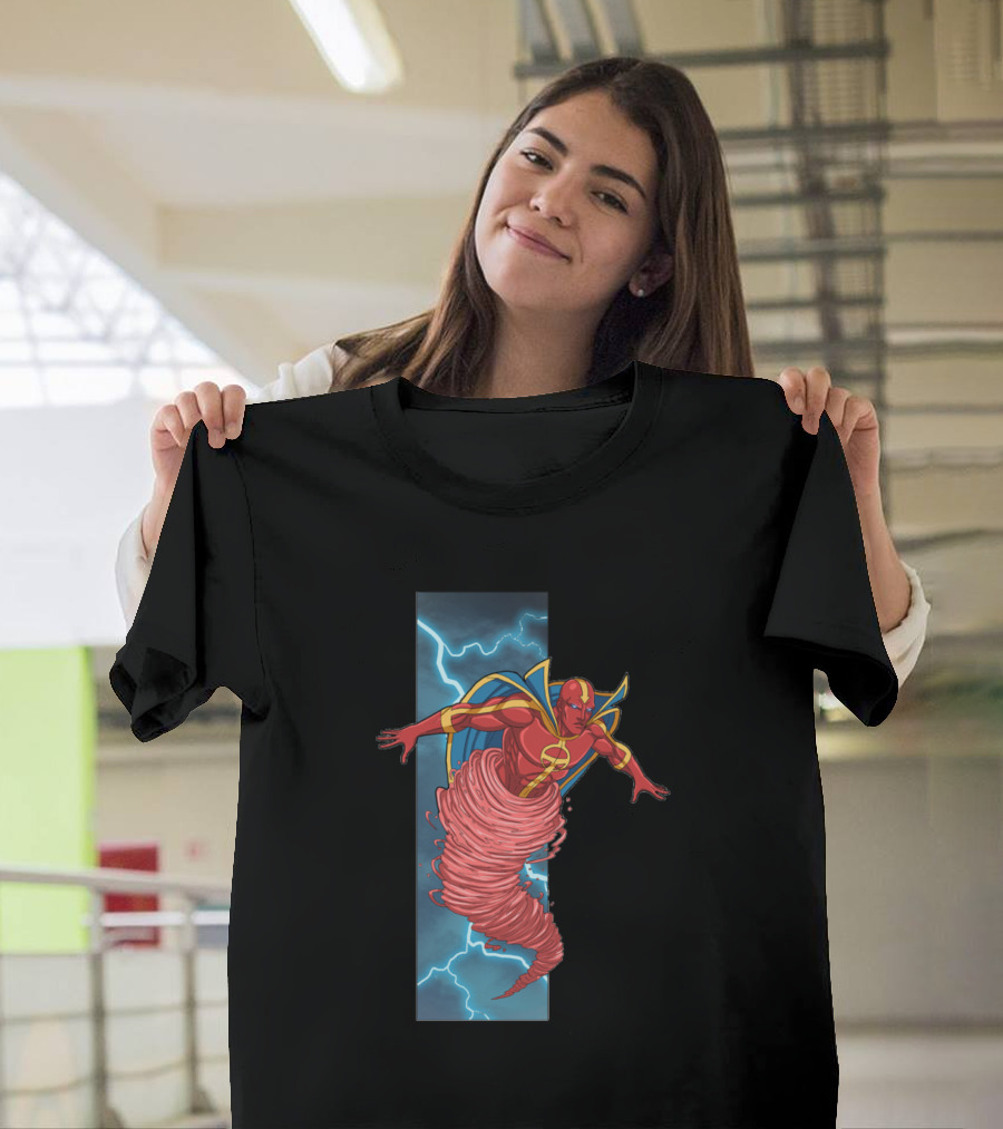 Red Tornado II Justice League of America Series Superhero in Action with Lightning Background T-Shirt