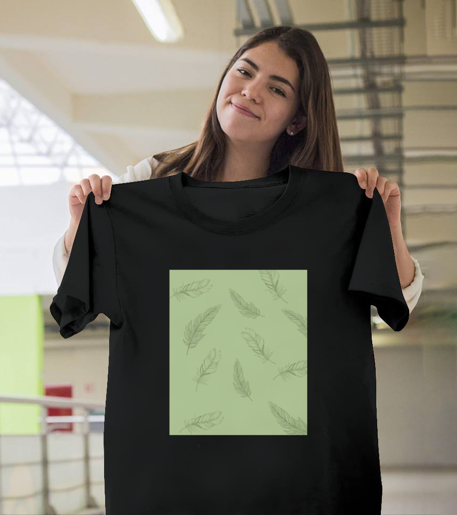 Green Feather Pattern on Light Green Background T-Shirt