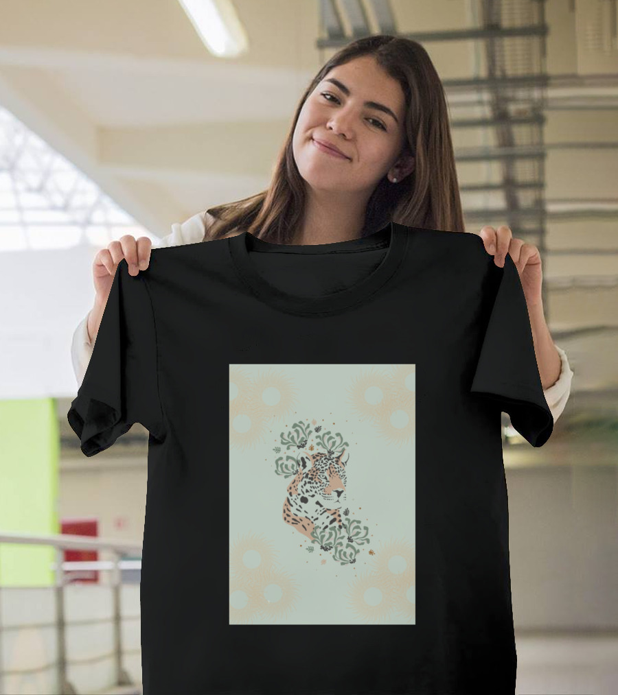 Leopard Surrounded by Tropical Greenery and Abstract Sunbursts T-Shirt