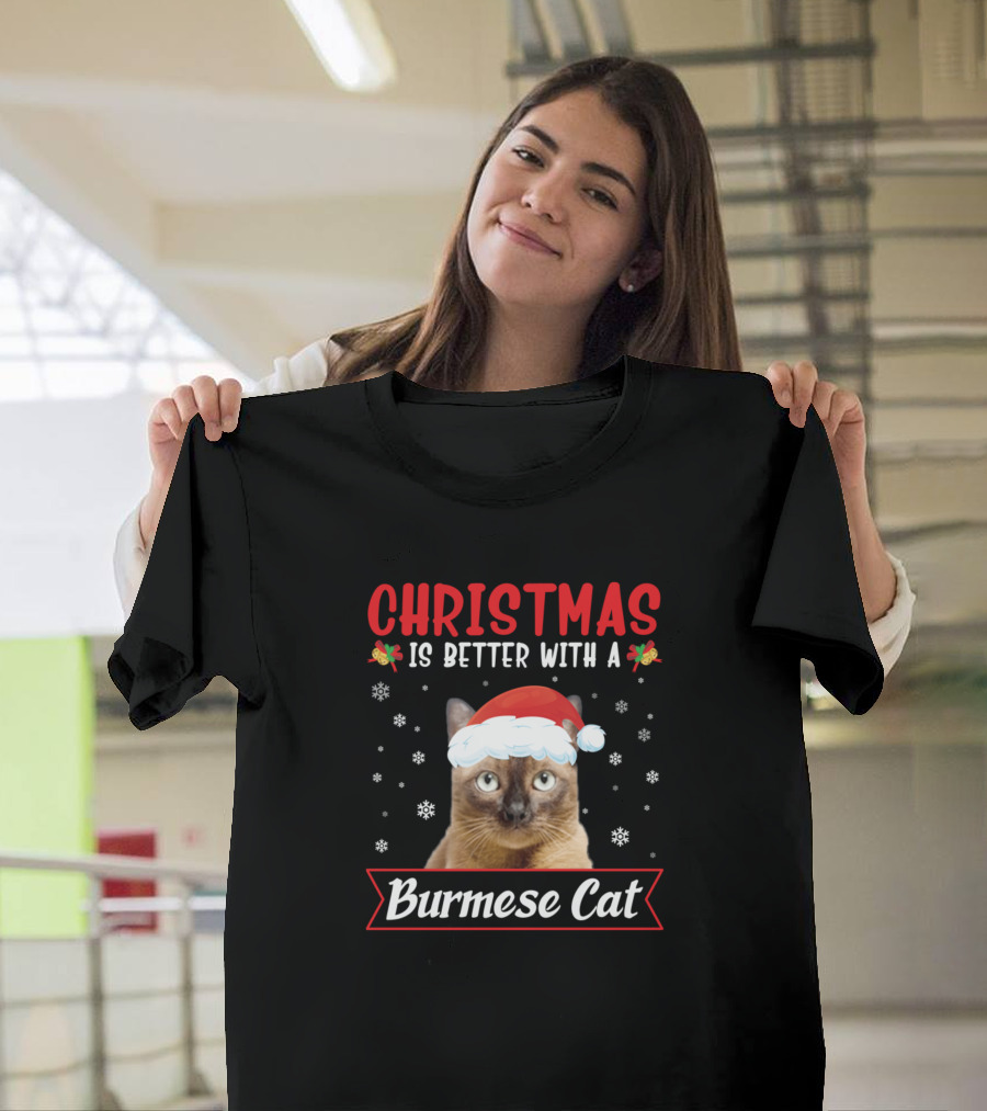 Christmas Is Better With A Burmese Cat Snowflakes Santa Hat T-Shirt