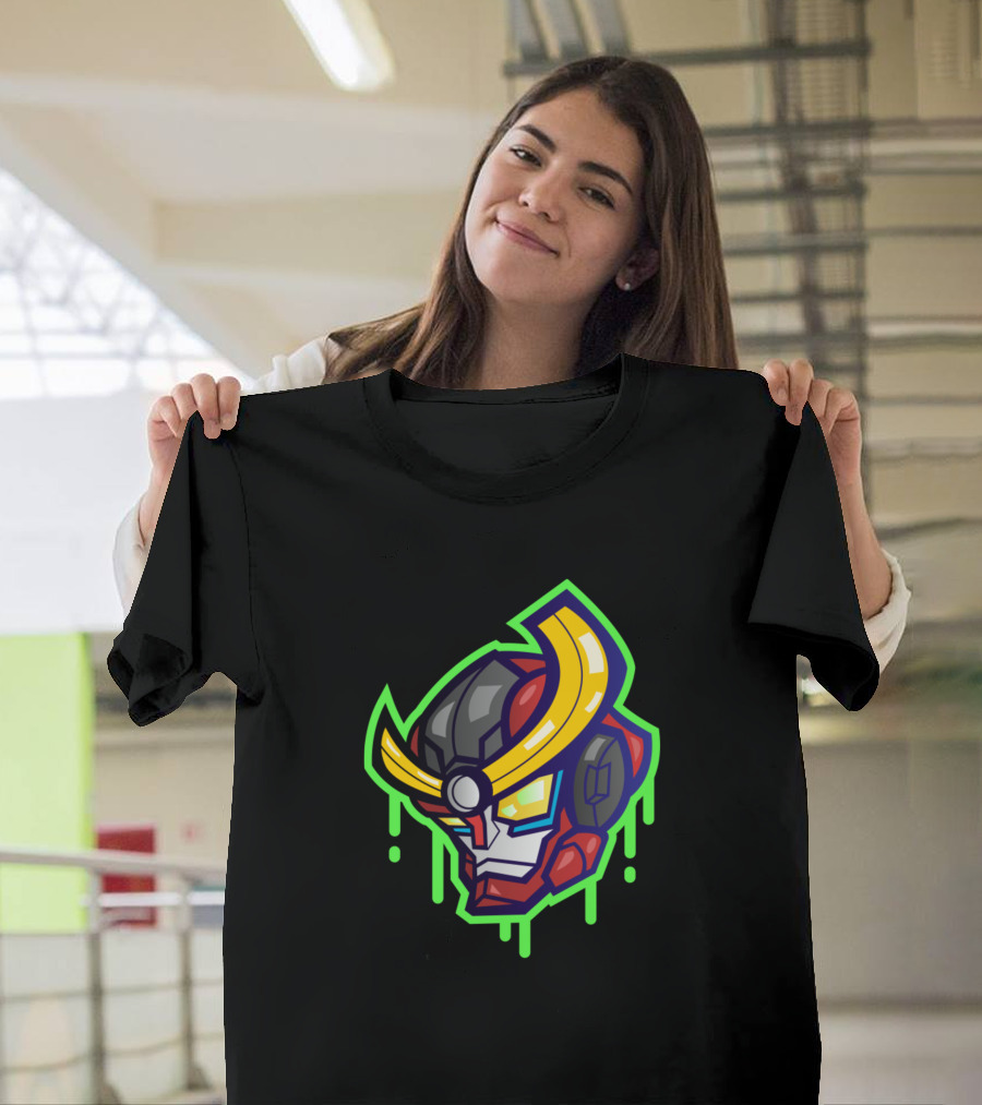 Mecha Samurai Robot Head Icon with Neon Accents T-Shirt