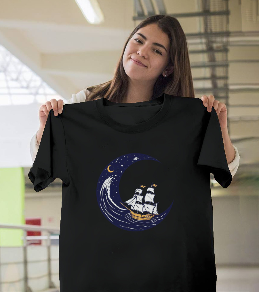 Sailing Ship Under Night Sky and Crescent Moon Wave T-Shirt