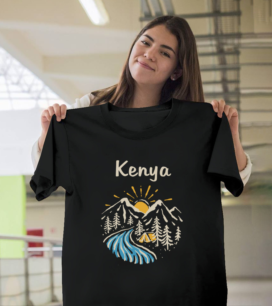Kenya Camping Mountain River Sunrise Scene T-Shirt