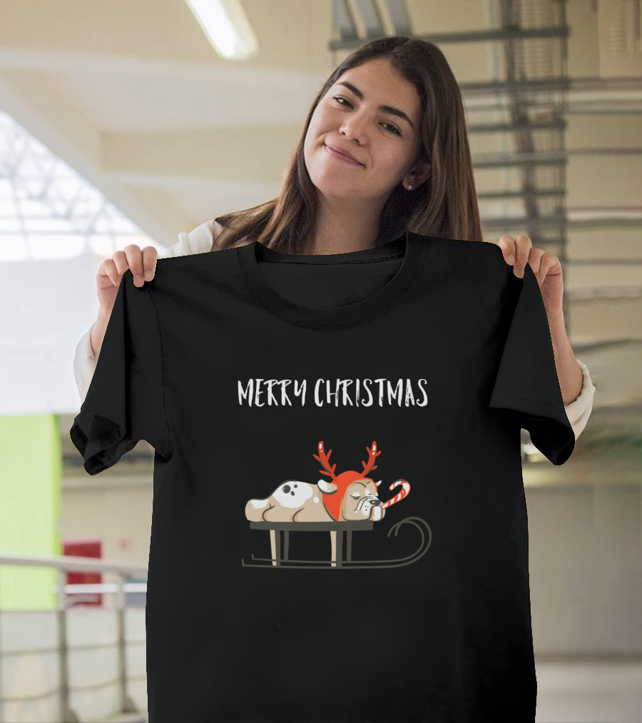 Merry Christmas Grumpy Dog with Antlers and Candy Cane on Sled T-Shirt