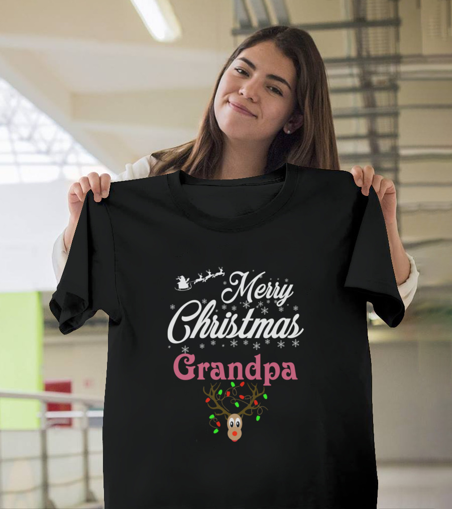 Merry Christmas Grandpa Reindeer with Santa Sleigh and Snowflakes T-Shirt