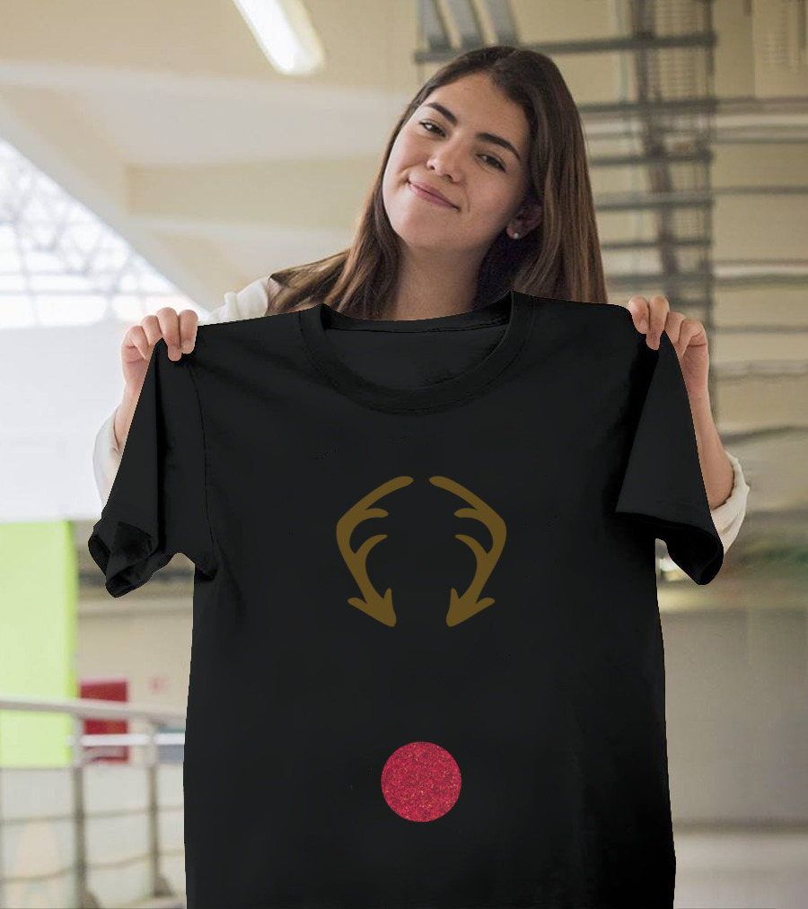 Rudolph Reindeer Antlers Glittery Red Nose T-Shirt