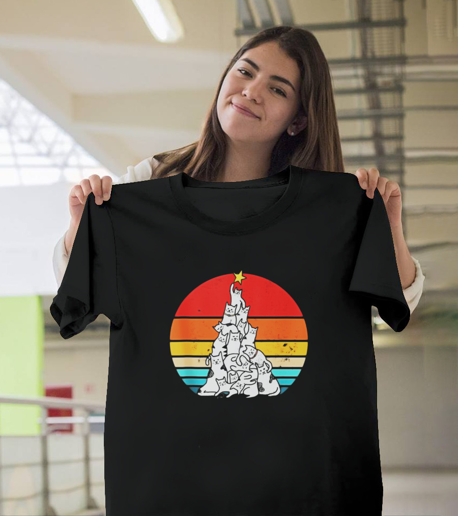 Vintage Catmas Tree Christmas Cat Kitten Lovers Ne Retro Sunset T-Shirt