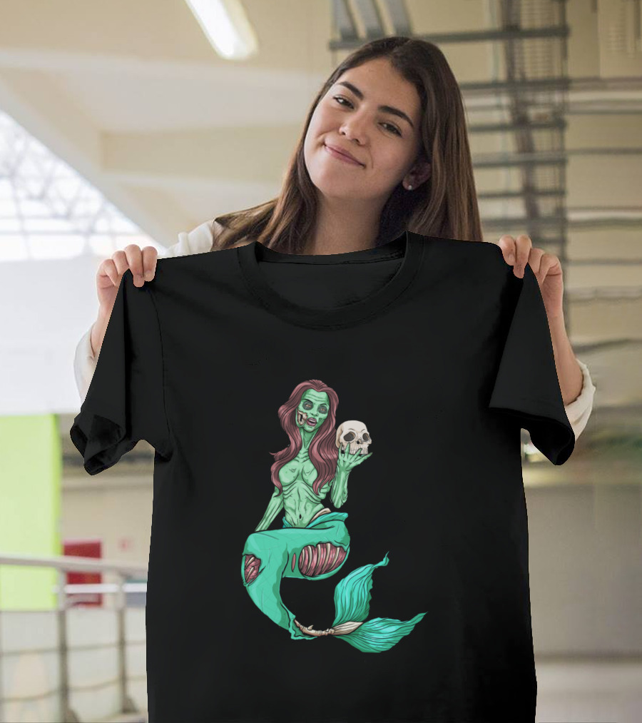 Zombie Mermaid Skeleton Halloween Costume with Skull Pose T-Shirt