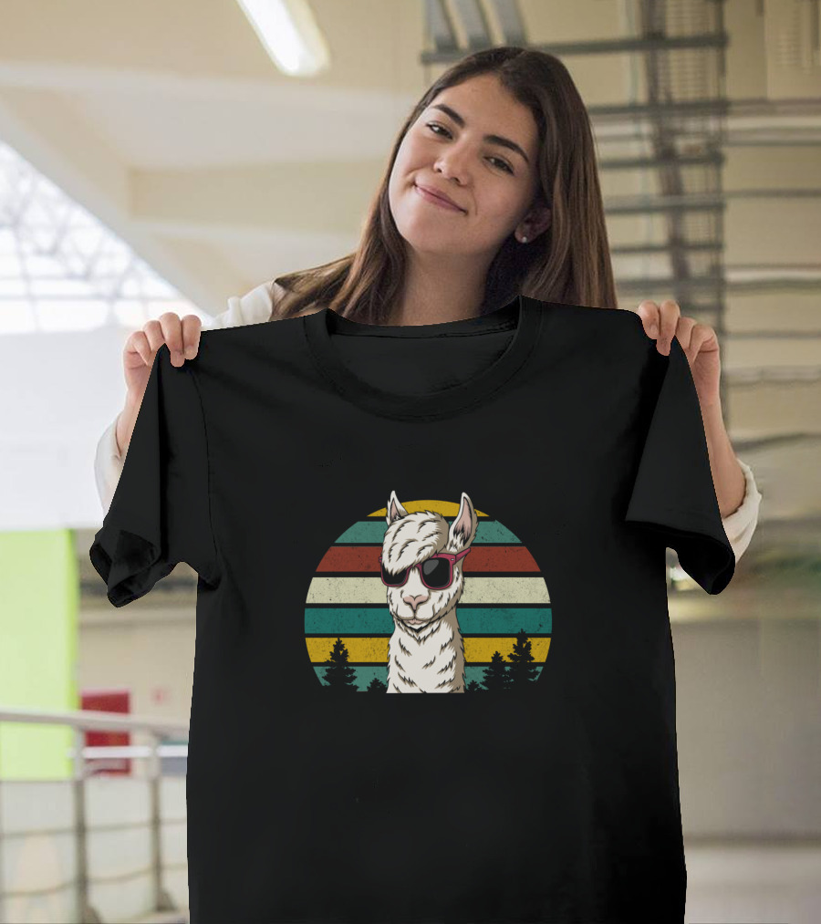 Cute Llama Style Alpaca in Sunglasses Retro Sunset Stripes T-Shirt