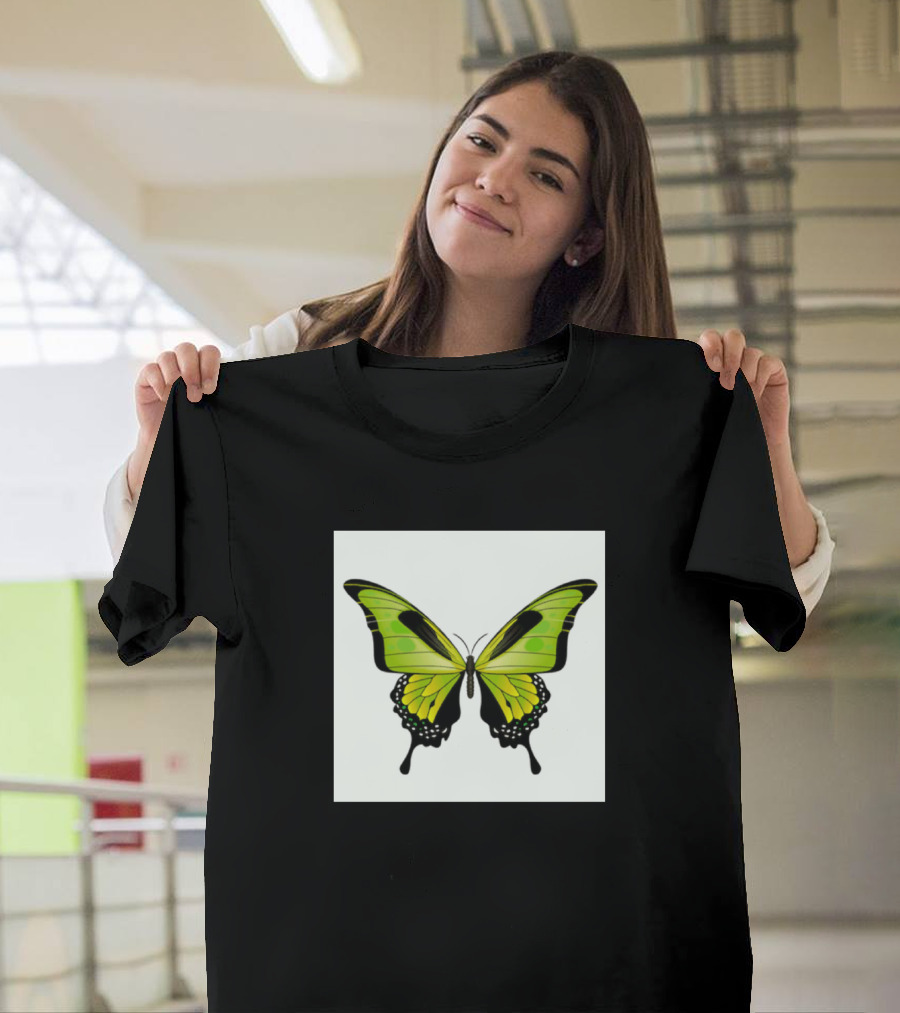 Green Lime Black Aqua White Butterfly Wings T-Shirt