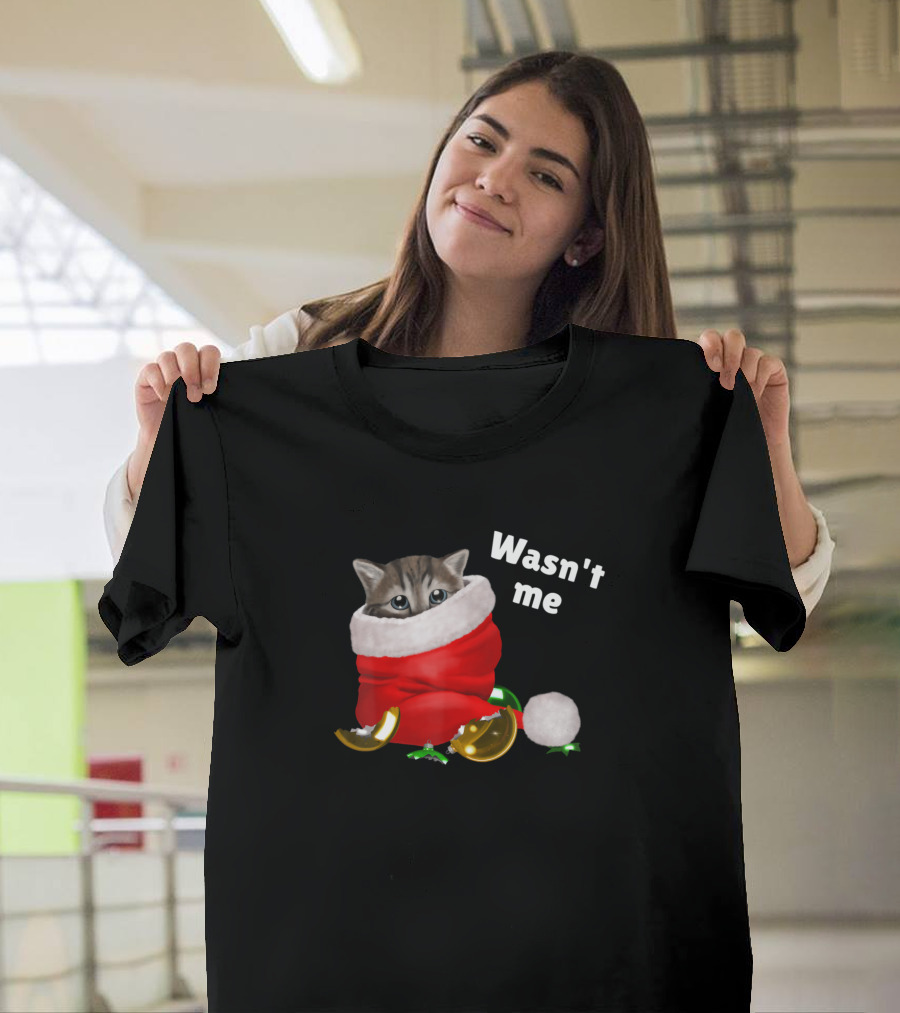 Cat in Santa Hat with Christmas Baubles - Wasn't Me Mischief T-Shirt
