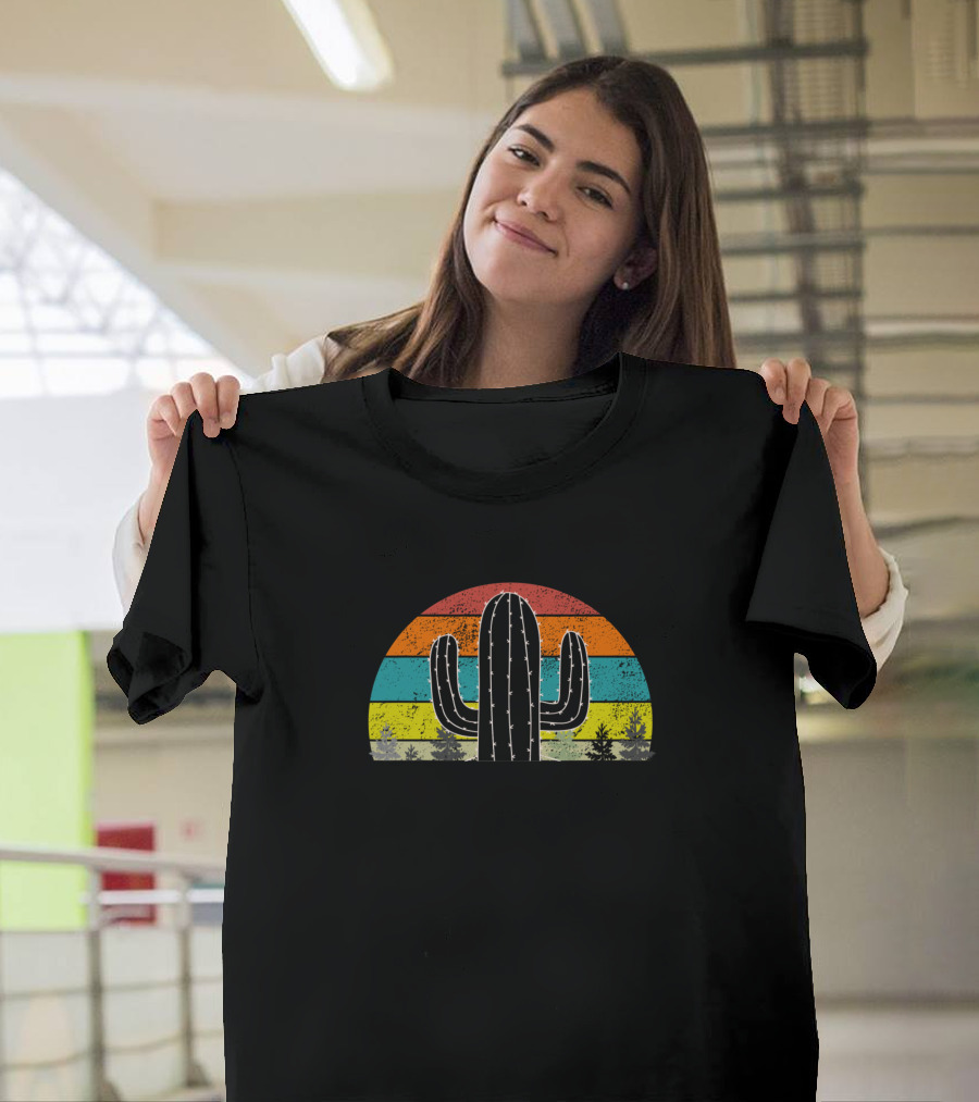 Nope Not A Hugger Cactus Retro Vintage Stripes T-Shirt
