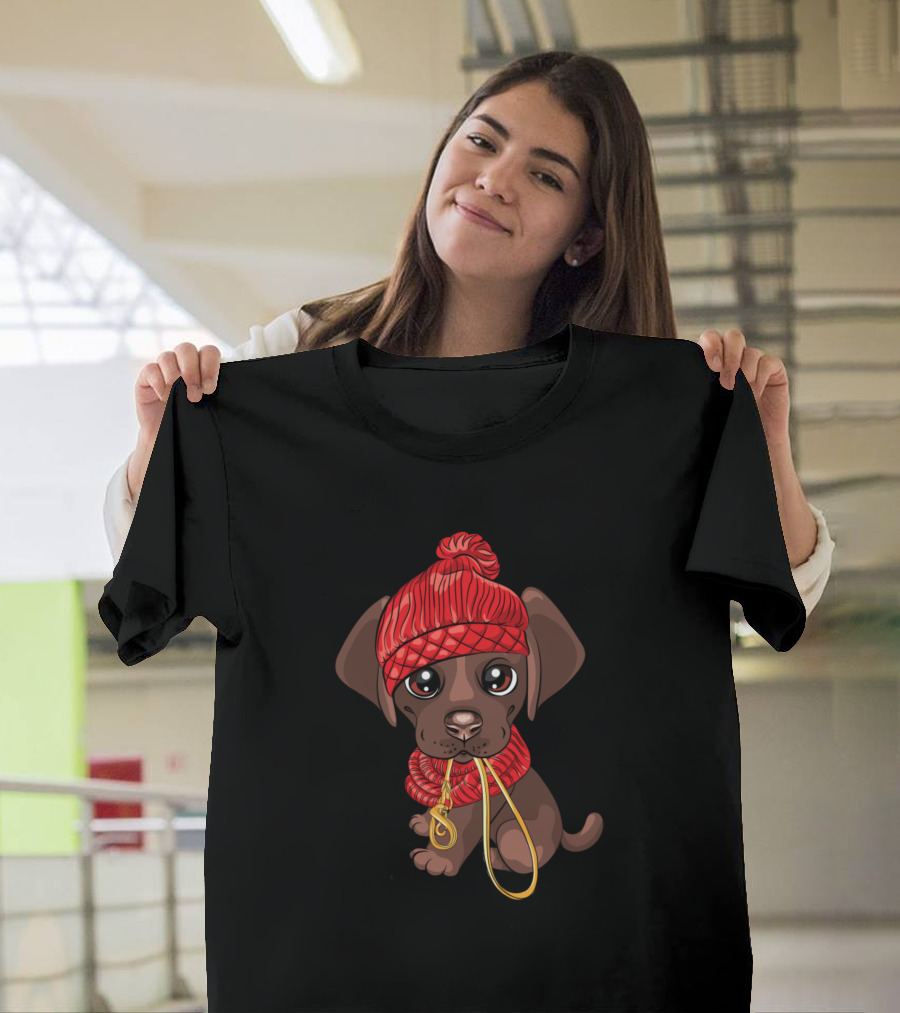 Cute Puppy in Red Winter Hat with Leash Want Outside T-Shirt